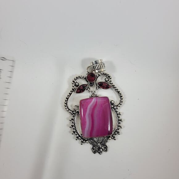 Handmade Silver Pendant Necklace with Pink Banded Agate & Garnet Accents - Picture 5 of 10